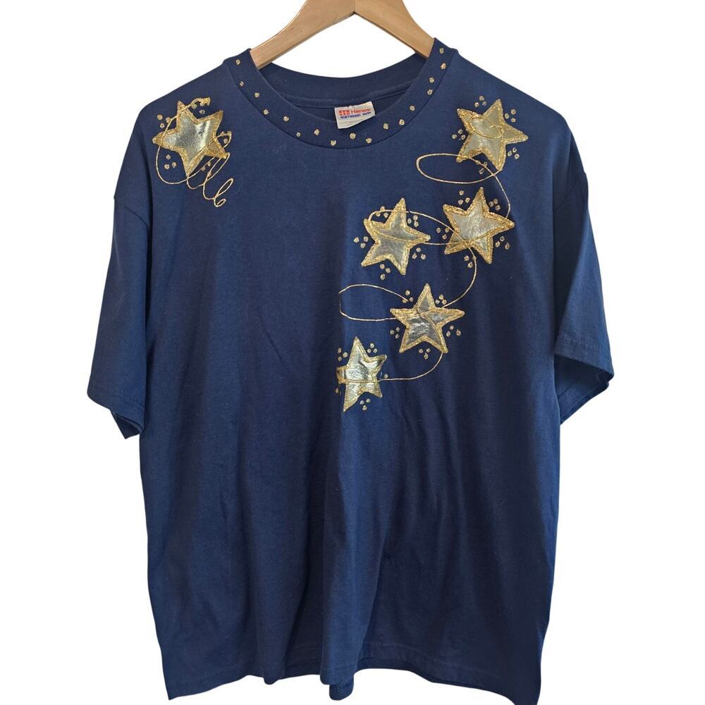 Vintage Handmade Puff Paint Star T-Shirt Womens Large 90s Blue 3D Cottage Granny